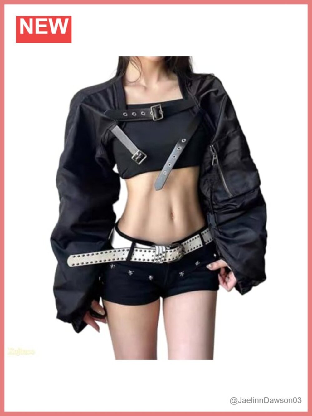 Y2K Cropped Belted Motorcycle Jacket Pleated Faux Leather